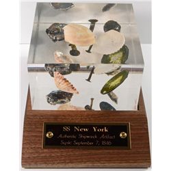 SSNY SHIPWECK COINS AND ARTIFACTS IN SOLID LUCITE DISPLAY,  WITH COA AND STAND