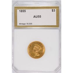 1855 $3 GOLD PCI AU-55