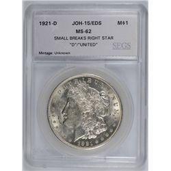 1921-D MORGAN DOLLAR SEGS MS-62 (JOH-15, EDS)