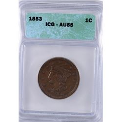1853 Large Cent ICG AU-55