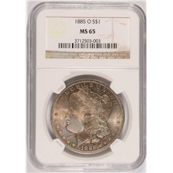 1885-O MORGAN SILVER DOLLAR, NGC MS-65 GEM PRETTY BLUES, PINKS AND GOLD