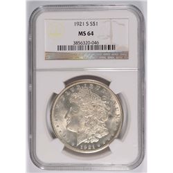 1921-S MORGAN SILVER DOLLAR, NGC MS-64