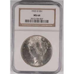 1923-D PEACE SILVER DOLLAR, NGC MS-64  WHITE AND NICE!
