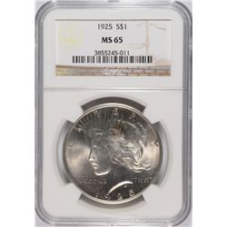 1925 PEACE SILVER DOLLAR, NGC MS-65 GEM BLAST WHITE!