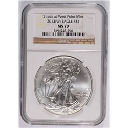 2013 ( W ) AMERICAN SILVER EAGLE, NGC MS-70  BROWN LABEL