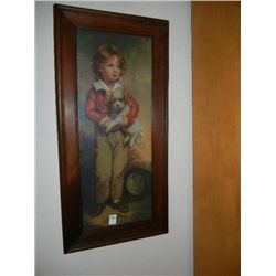 Antique Framed Picture ( Boy Holding Dog)