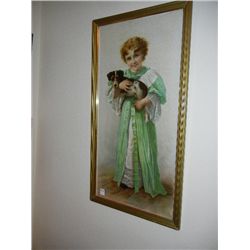 Antique Framed Picture (Playmates) Girl and Dog