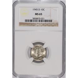 1945-D MERCURY DIME, NGC MS-65