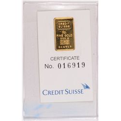 CREDIT SUISSE 2 GRAM .999 GOLD INGOT WITH CERT IN VINYL HOLDER