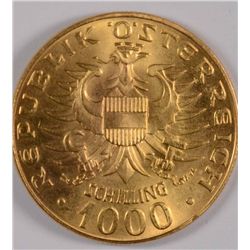 1976 1000 SHILLINGS, AUSTRIA GOLD, GEM BU