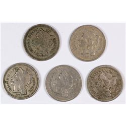 (5) 1866 THREE CENT NICKELS