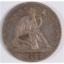 1858-O SEATED HALF DOLLAR, AU-53 ORIGINAL