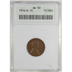 1914 D LINCOLN ONE CENT ANACS AU 50 NICE LOOKING COIN!