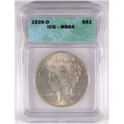 1926-D PEACE SILVER DOLLAR, ICG MS-64 SCARCE!