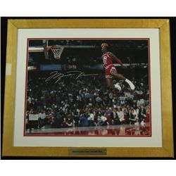 Michael Jordan Signed Bulls 23x27 Custom Framed Photo Display with Game-Used Floor Frame (UDA COA)