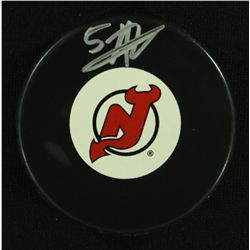 Adam Larsson Signed Devils Logo Puck (JSA COA)