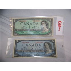 (2X$) CANADA 1954 $1 & $5 NOTES, VERY GOOD CONDITION