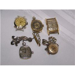 (5X$) ANTIQUE WATCHES (2) BROOCHS (2) WITHOUT BANDS, AS SHOWN