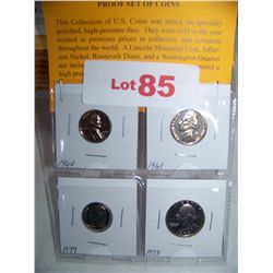 (4x$) LOT 4 US PROOF COINS: 1960 PENNY, 1961 NICKEL, 1977-S DIME & 1973-S QUARTER. AS SHOWN. VIEW PI