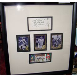 BABE RUTH, CY YOUNG, WALTER JOHNSON, TRIS SPEAKER, SIGNED CUTOUT IN CUSTOM FRAME WITH CARDS