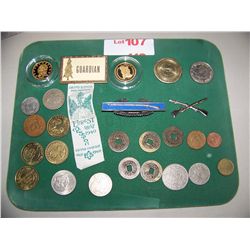 20+ ASSORTED LOT OF COLLECTIBLE COINS, TOKENS, MEDALS ETC. AS SHOWN