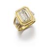Image 1 : A DIAMOND RING The rectangular-cut diamond weighing 4.55 carats to triangular-shaped diamond shou...