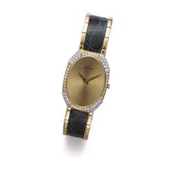 Jewels from a Private Collection DELANEAU A GOLD AND DIAMOND WRISTWATCH The oval-shaped gold dial...