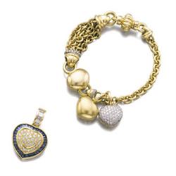 A GOLD AND DIAMOND BRACELET AND A DIAMOND AND COLORED STONE PENDANT The bracelet, designed as an ...