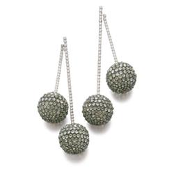 DELLA VALLE A PAIR OF EMERALD AND DIAMOND EARPENDANTS Each with two balls pave-set with rose-cut ...