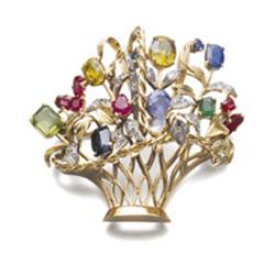 A GOLD AND MULTI-GEM FLOWER BASKET BROOCH The flowers composed of various colored stones, includi...