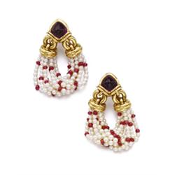BULGARI A PAIR OF GOLD, AMETHYST, CULTURED PEARL AND RUBY EARCLIPS Each designed as a twisted cul...