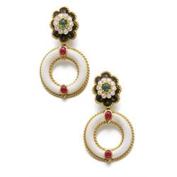 VAN CLEEF & ARPELS A PAIR OF ONYX, IVORY AND GEM-SET EARCLIPS Each designed as an ivory hoop with...