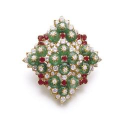 VAN CLEEF & ARPELS AN EMERALD, RUBY AND DIAMOND CLIP BROOCH The lozenge-shaped plaque set with br...