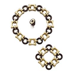 VAN CLEEF & ARPELS A SET OF GOLD AND WOOD JEWELRY Comprising a necklace, designed as a series of ...