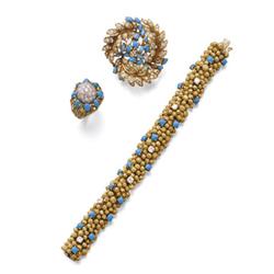 A SET OF GOLD, DIAMOND AND TURQUOISE JEWELRY Comprising a bracelet, designed as a band composed o...