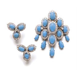 Property of a European estate A SET OF TURQUOISE AND DIAMOND JEWELRY Comprising a pendant/brooch,...