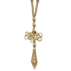 CARTIER A GOLD SAUTOIR Designed as alternating polished and ribbed gold beads, suspending a penda...