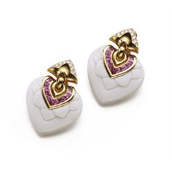 BULGARI A PAIR OF WHITE PORCELAIN, PINK TOURMALINE AND DIAMOND
