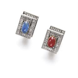 A PAIR OF SAPPHIRE, RUBY AND DIAMOND CUFFLINKS 102 Each set with a cabochon ruby and similarly-cu...