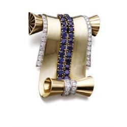 Jewels from A Private Collection A GOLD, SAPPHIRE AND DIAMOND CLIP BROOCH Designed as a tapered a...