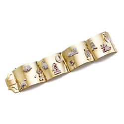 A GOLD AND GEM-SET CHARM BRACELET Composed of four slightly arched panels, set with 12 charms, in...
