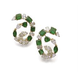 PROPERTY OF A LADY A PAIR OF EMERALD AND DIAMOND EARCLIPS Each designed as a scroll set with rect...