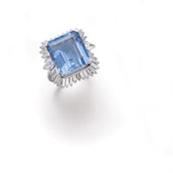 Property of a European estate AN AQUAMARINE AND DIAMOND RING Designed as a rectangular-cut aquama...