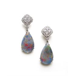 Property of a lady of title A PAIR OF OPAL AND DIAMOND EARPENDANTS Each designed as a pear-shaped...