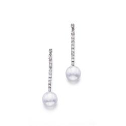 A PAIR OF CULTURED PEARL AND DIAMOND EARPENDANTS Each set with a cultured pearl measuring approxi...