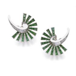 A PAIR OF EMERALD AND DIAMOND EARCLIPS Each of scroll and sunburst design, set with calibre-cut e...