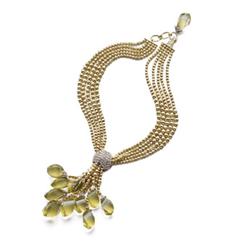 KATIA VITA A GOLD, GREEN QUARTZ AND DIAMOND NECKLACE The front, designed as a gold bead tassel en...