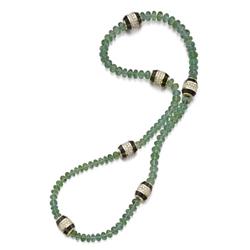 AN EMERALD, DIAMOND AND BLACK ENAMEL NECKLACE Designed as a strand of emerald beads, interspersed...