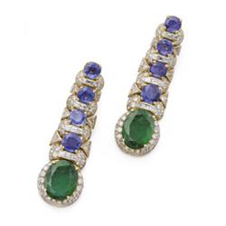 A PAIR OF EMERALD, SAPPHIRE AND DIAMOND EARPENDANTS Each set with an oval-shaped emerald within a...