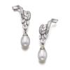 Image 1 : A PAIR OF CULTURED PEARL AND DIAMOND EARPENDANTS Each of scroll design, set with marquise and bag...